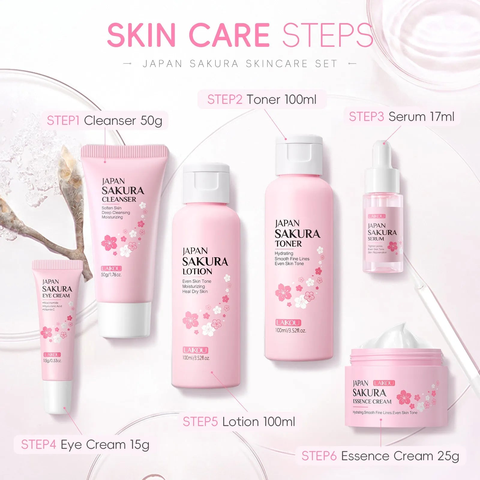Cherry blossom skin care 6-piece set with cleanser, toner, cream, serums and eye cream