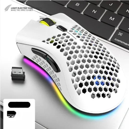 BM600 hollow out honeycomb wireless gaming mouse in black, cyan, or white colour with USB receiver.