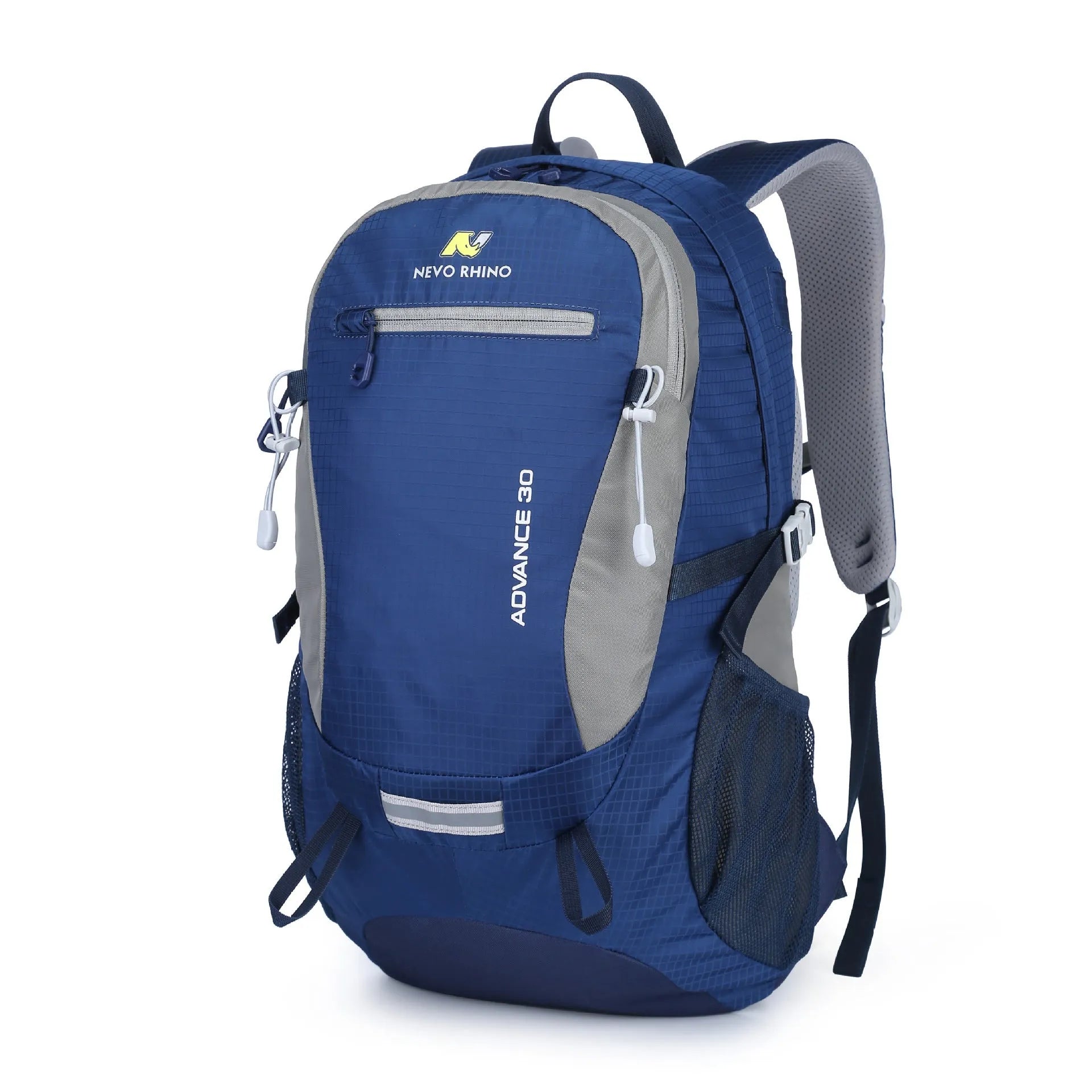 30 litre dark green nylon outdoor backpack with airpillow straps on a grey background.