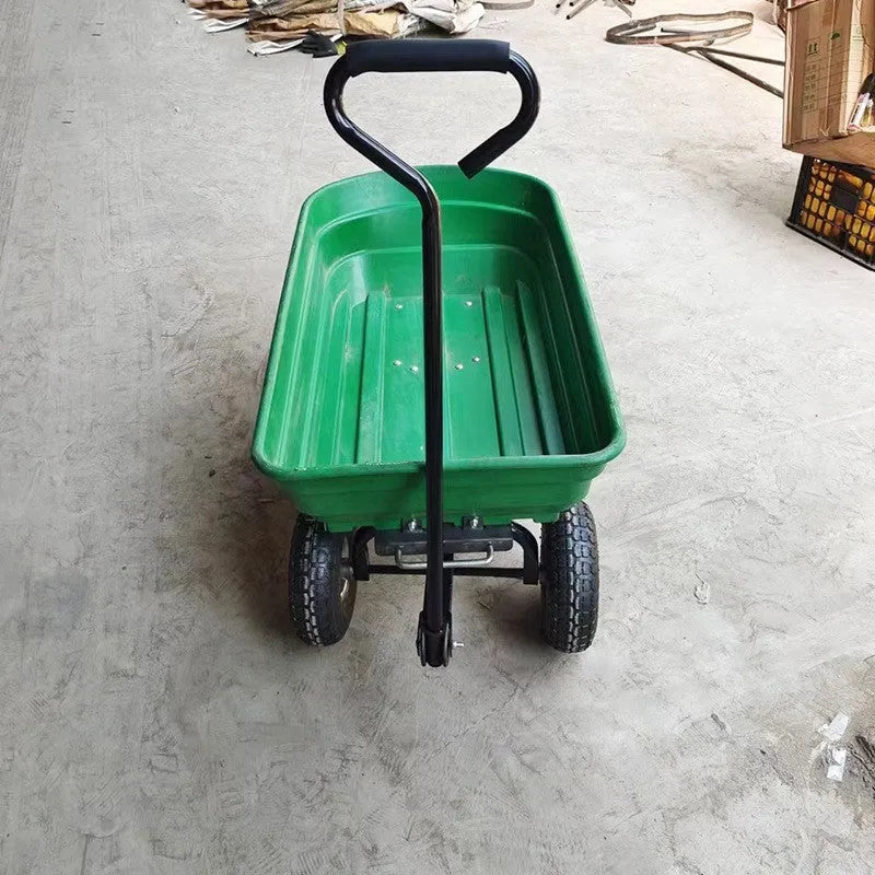 Green four-wheel plastic agricultural dumptruck with steel PP construction and 350kg load capacity