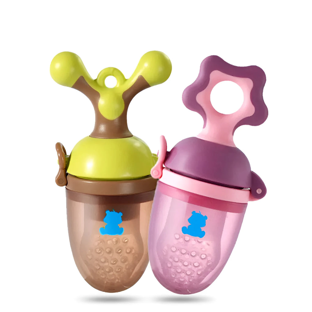 Purple and green polypropylene baby bite trainer with textured grip surface