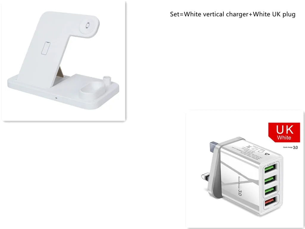 White 4-in-1 wireless charging station with phone on adjustable stand, Apple Watch, AirPods and Apple Pencil charging.