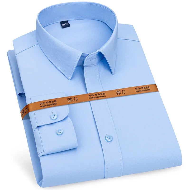 Men's long-sleeved stretch business cardigan shirt in solid colour, slim fit, polyester fabric, autumn work wear