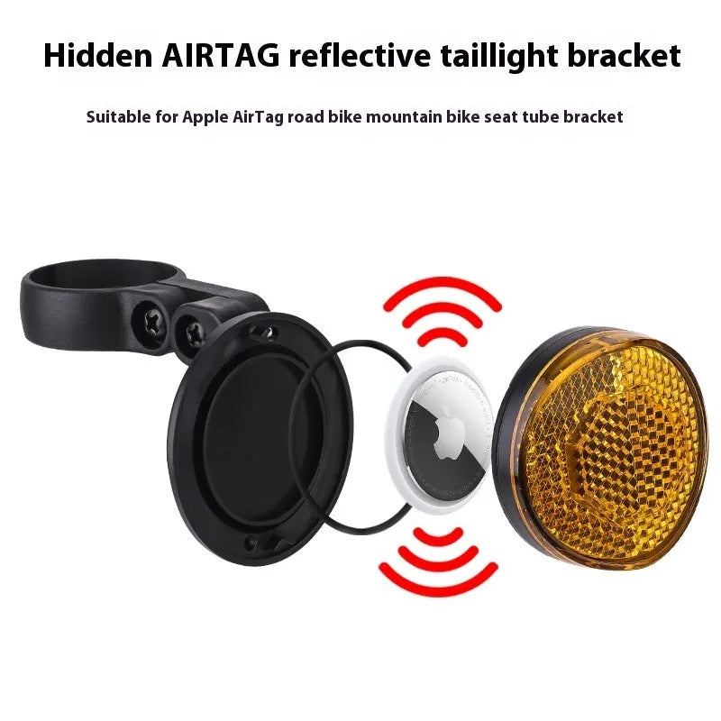 Red plastic anti-theft bicycle taillight bracket mounted on seat post with reflective surface