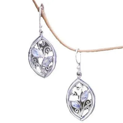 Silver leaf-shaped earrings with embedded colourful moonstone for women