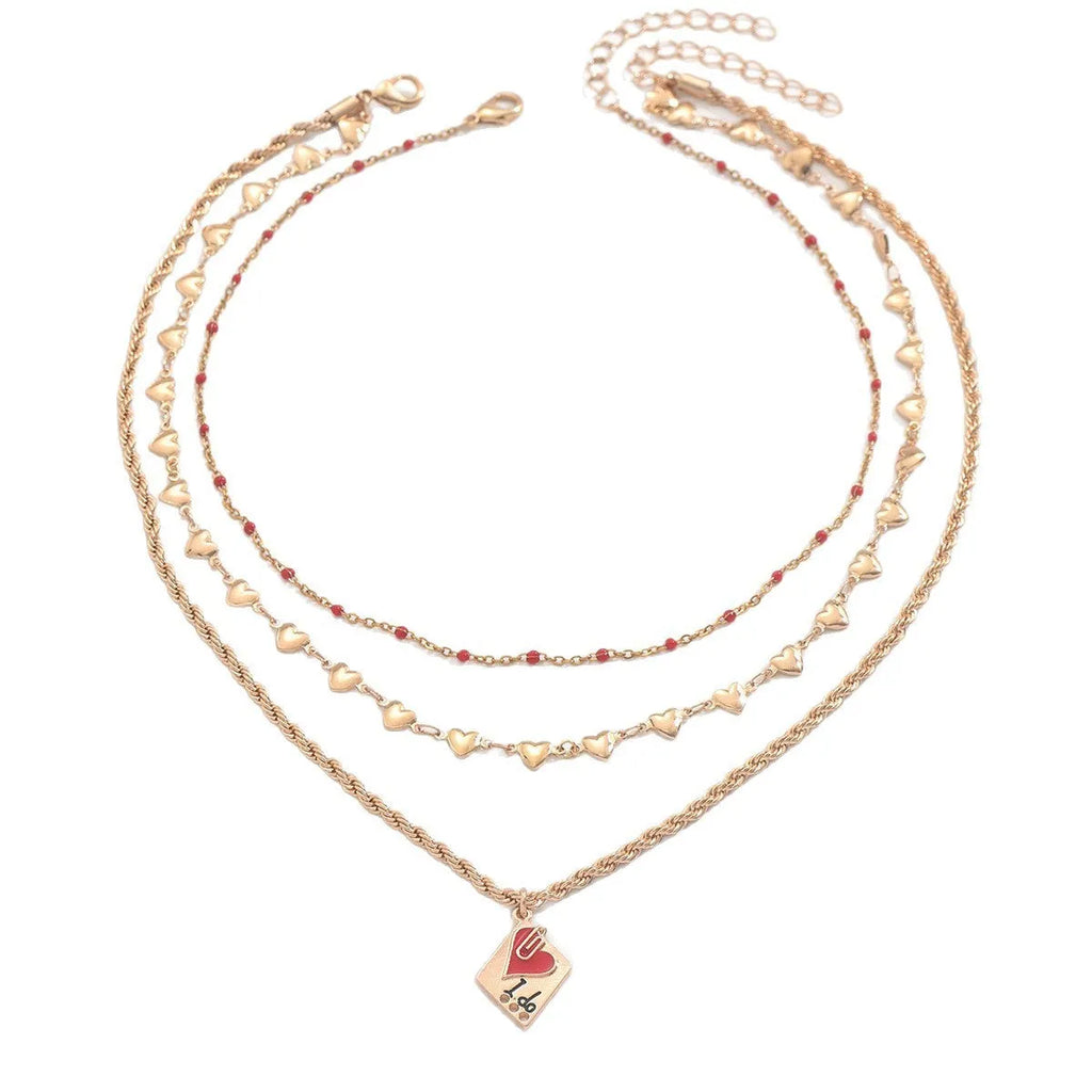 Three-layer geometric heart pendant on an adjustable zinc alloy clavicle necklace.