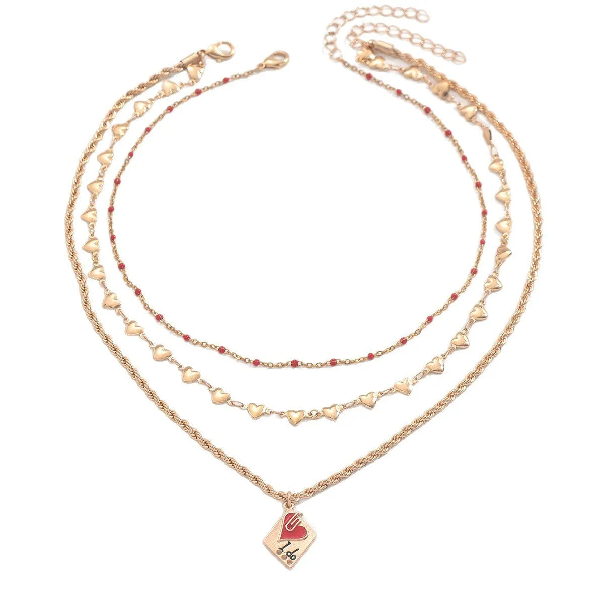 Three-layer geometric heart pendant on an adjustable zinc alloy clavicle necklace.