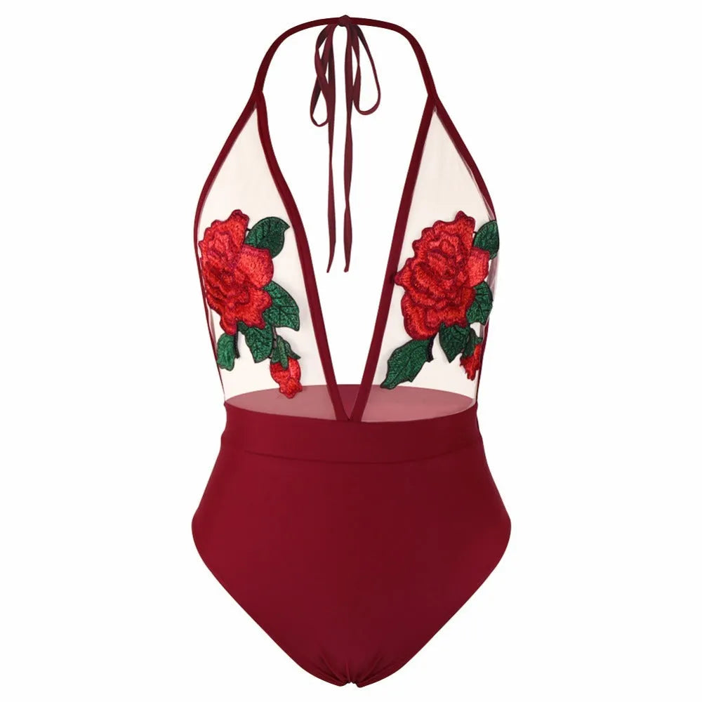 Embroidered halter siamese bikini set for women in black, white, and wine red with polyester fabric