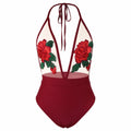 Embroidered halter siamese bikini set for women in black, white, and wine red with polyester fabric