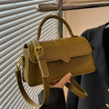 Women's beige PU leather messenger bag showing horizontal square shape and front sandwich pocket