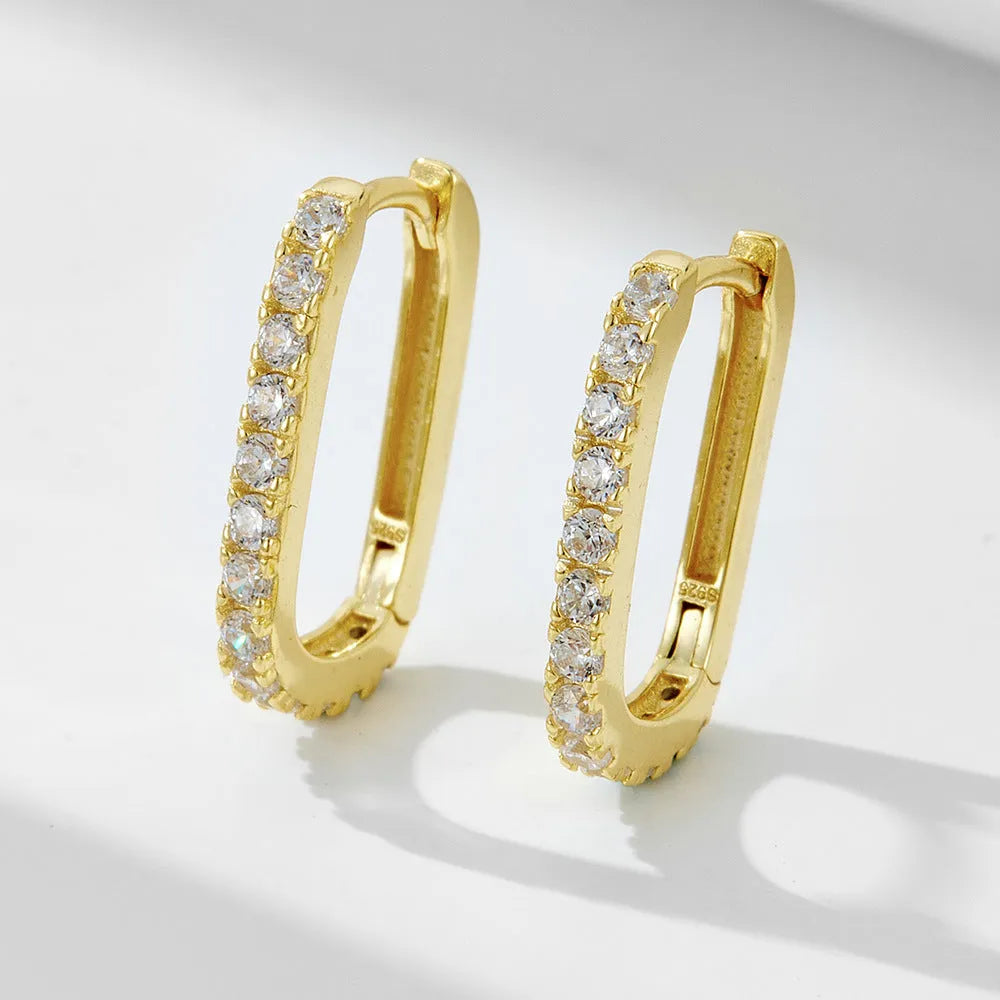 S925 Sterling Silver geometric oval zircon stud ear clips for women in white and yellow.