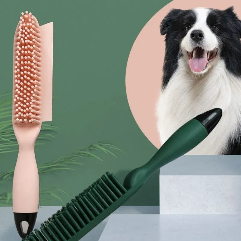 Pink and green handheld pet hair remover brush with grooming comb and integrated clothes hair collector.