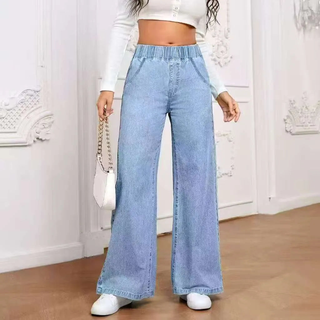 Plus size light blue washed denim wide-leg jeans with straight cut and mid-rise waist