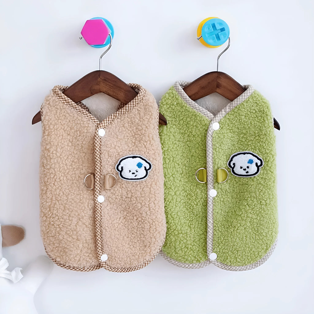 Green thickened coral fleece dog vest with a metal leash ring on the back.
