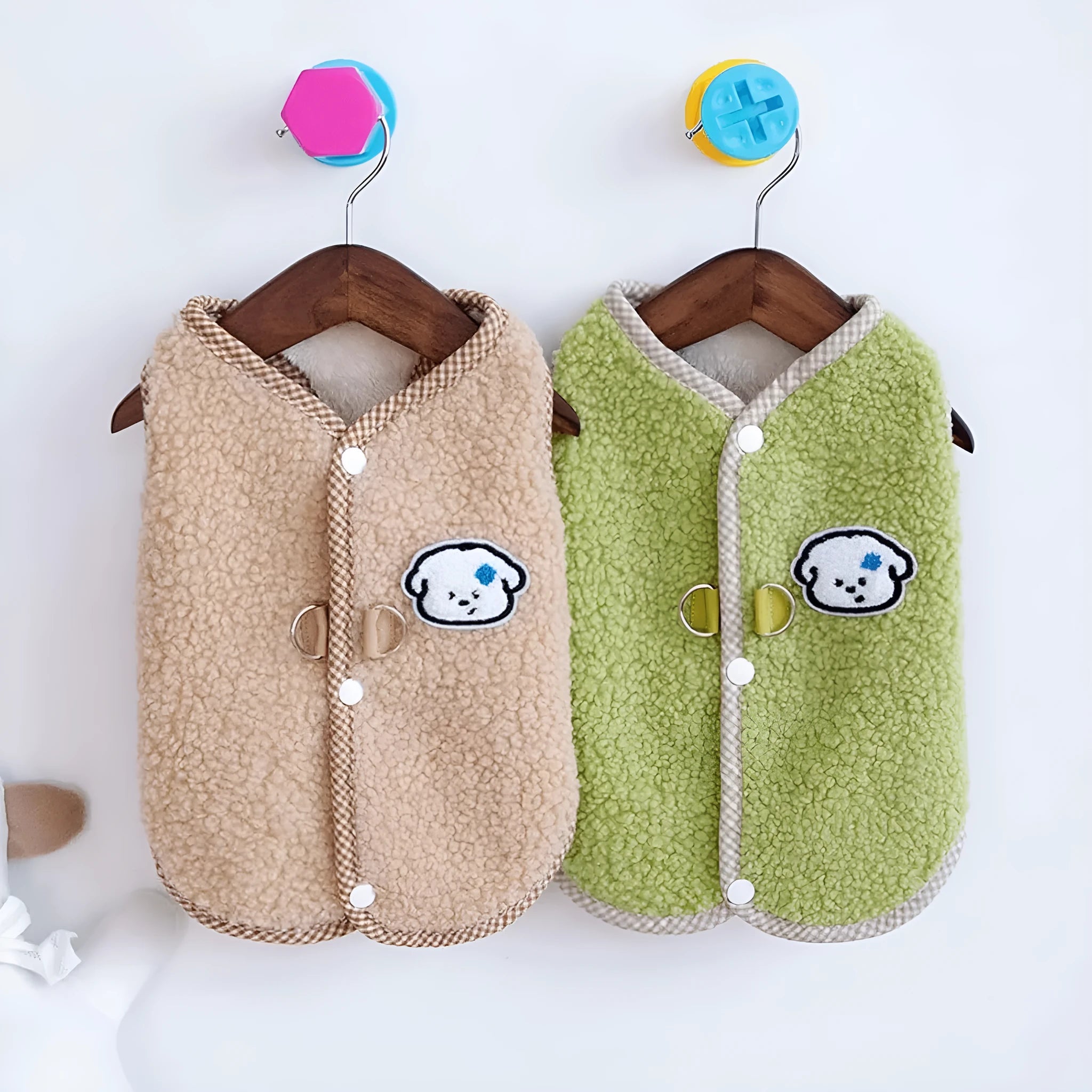 Green thickened coral fleece dog vest with a metal leash ring on the back.