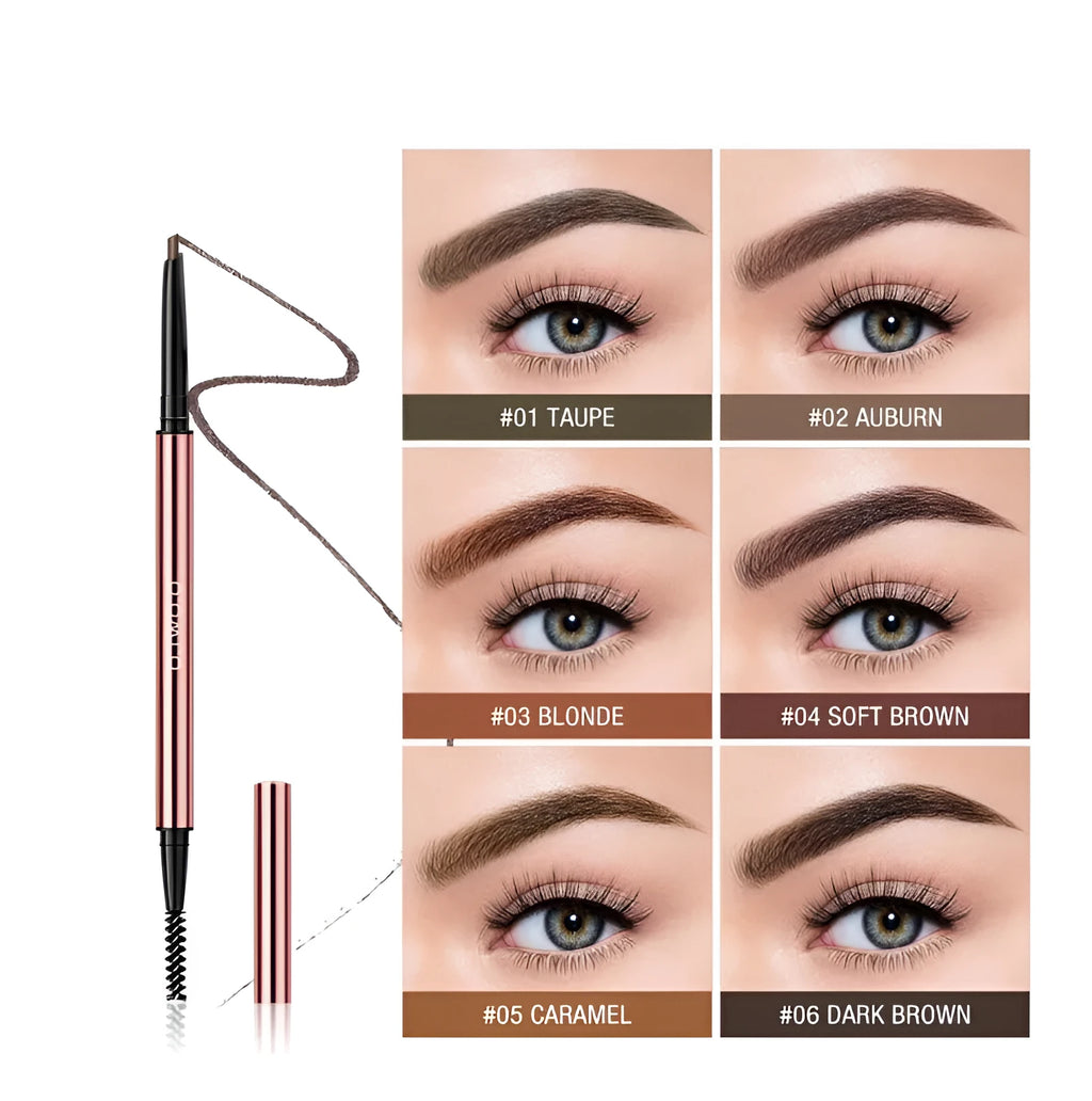 Brow pencil in a colour box with six shade options: Auburn, Blonde, Caramel, Dark Brown, Soft Brown, Taupe.