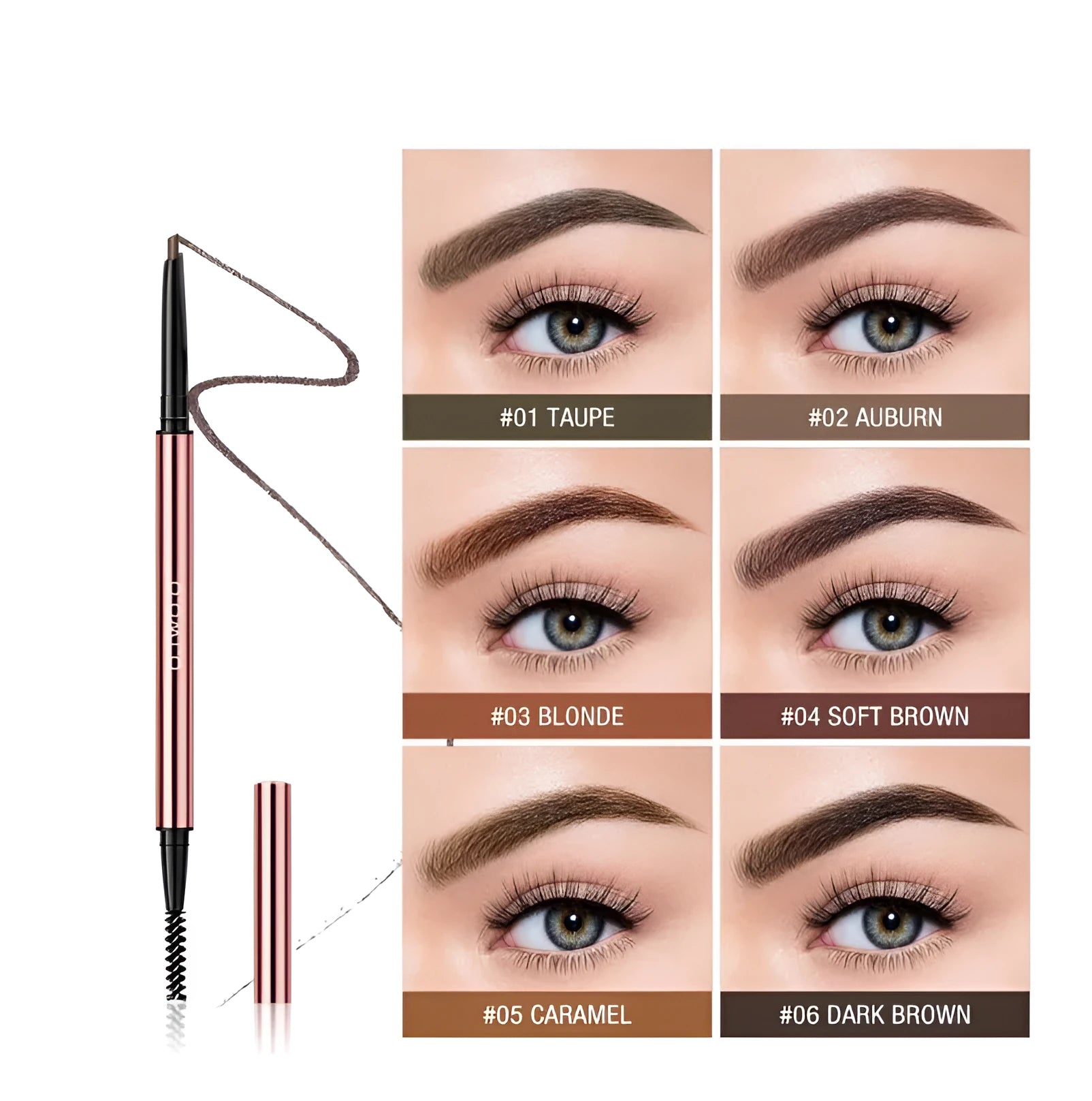 Brow pencil in a colour box with six shade options: Auburn, Blonde, Caramel, Dark Brown, Soft Brown, Taupe.
