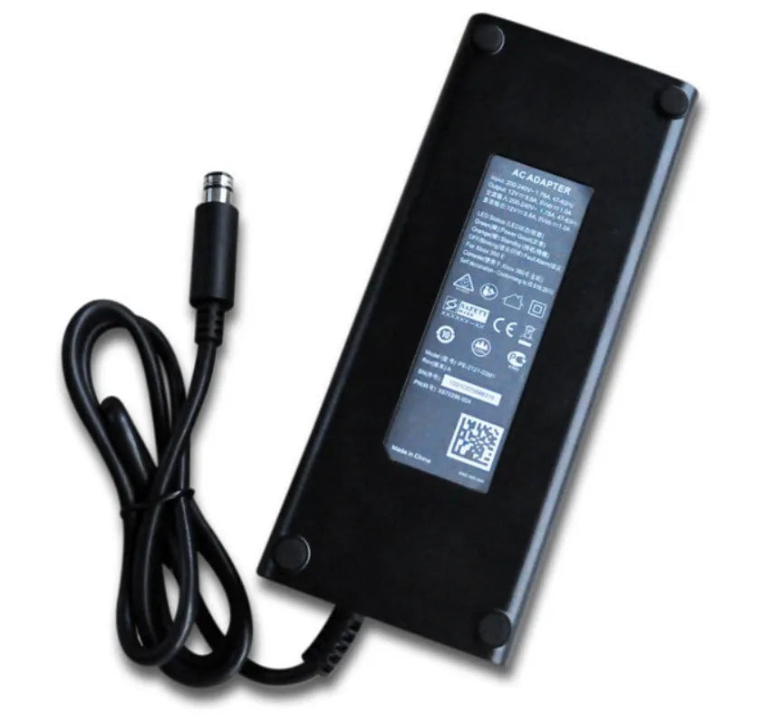 Black Microsoft Xbox 360 E AC power adapter with cable and plug.