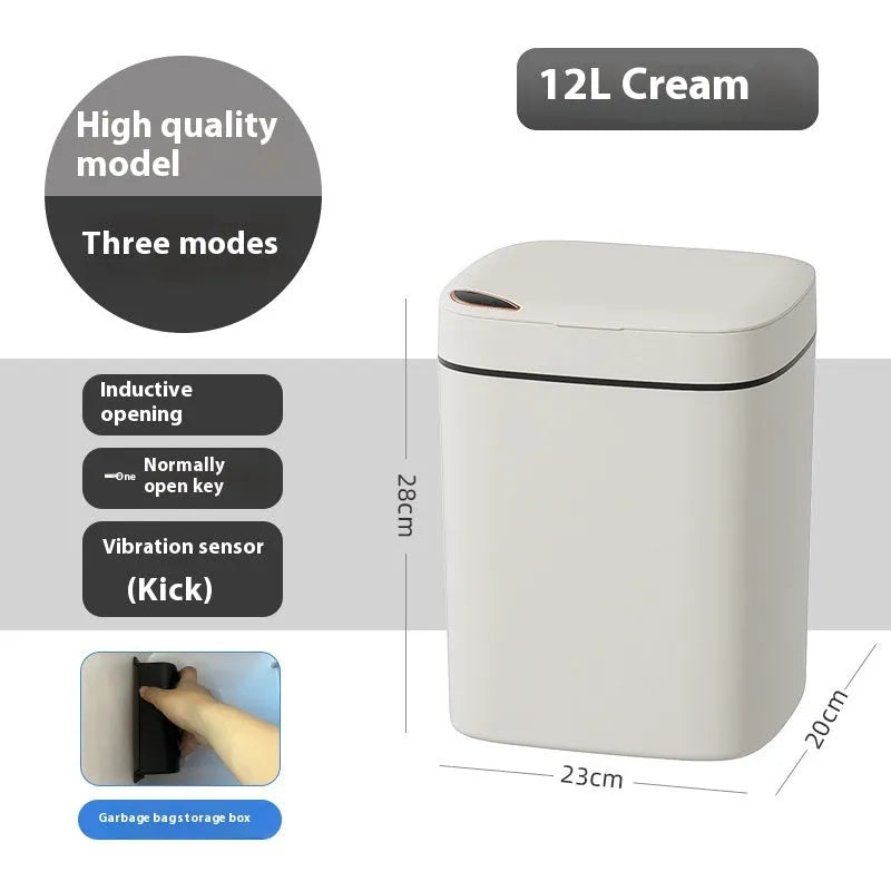 Square automatic sensor garbage bin with induction opening lid in milk white colour.