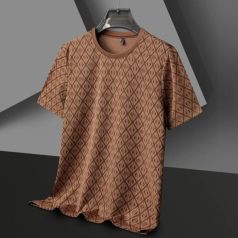 Men's black ice silk jacquard short sleeve t-shirt with loose fit casual design