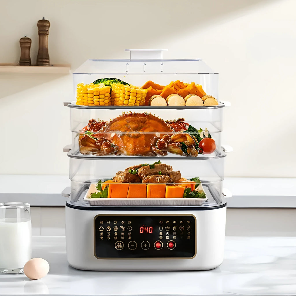 28 litre stainless steel electric food steamer with automatic measuring on a kitchen worktop.