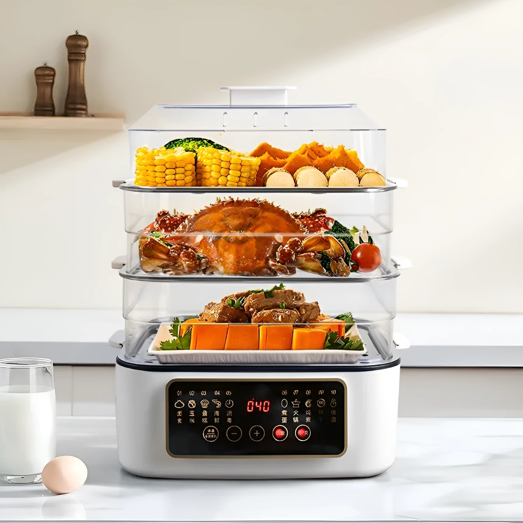28 litre stainless steel electric food steamer with automatic measuring on a kitchen worktop.