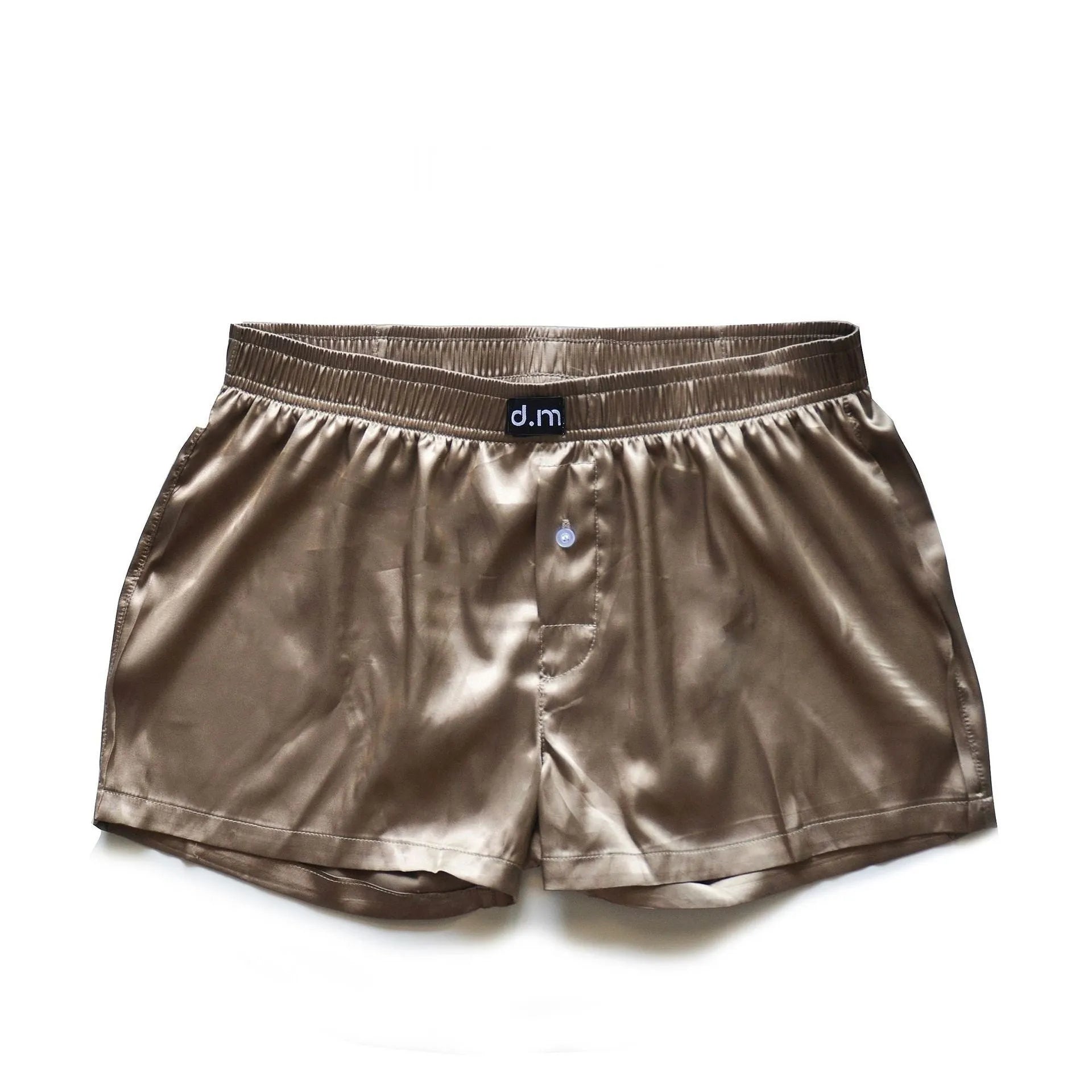 Men's silky polyester low waist boxer pajama shorts in five colours: black brown, light purple, milk coffee, navy blue, white; sizes M to XXL