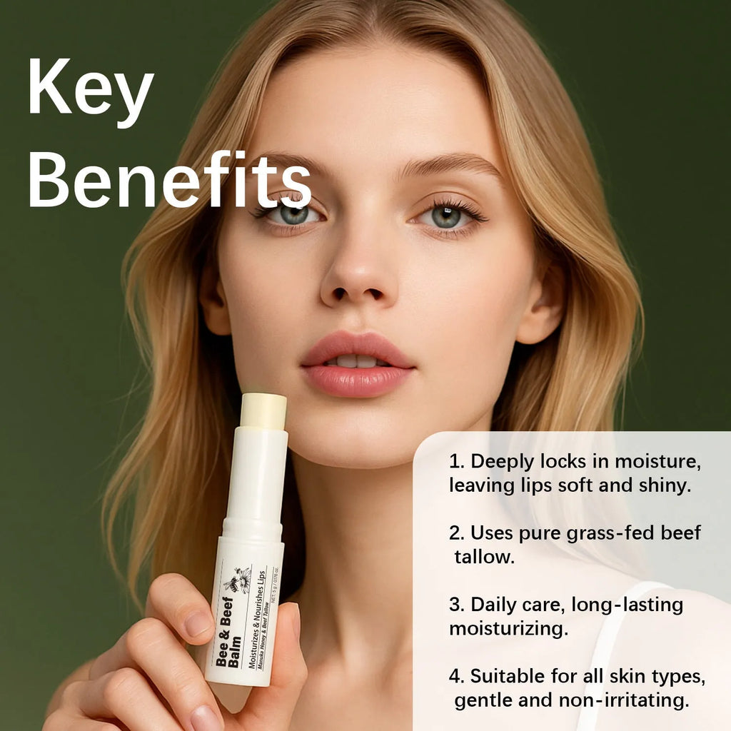 Beef fat and organic grass-fed butter lip balm in a 5g white tube with 83mm length.