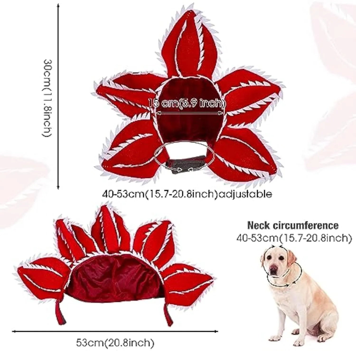 Medium dog wearing Halloween demon chomper costume with scary flower headband