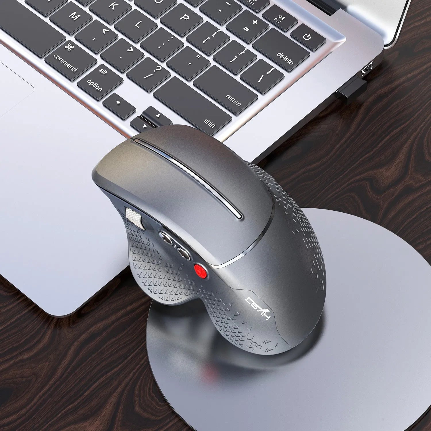T32 wireless vertical ergonomic mouse with aluminium side roller in black or silver grey matte finish