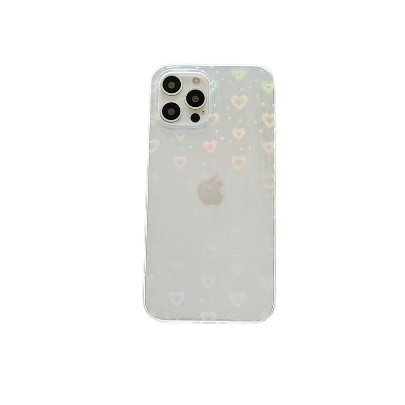 Transparent silicone iPhone case with a laser-etched love heart design on the back.