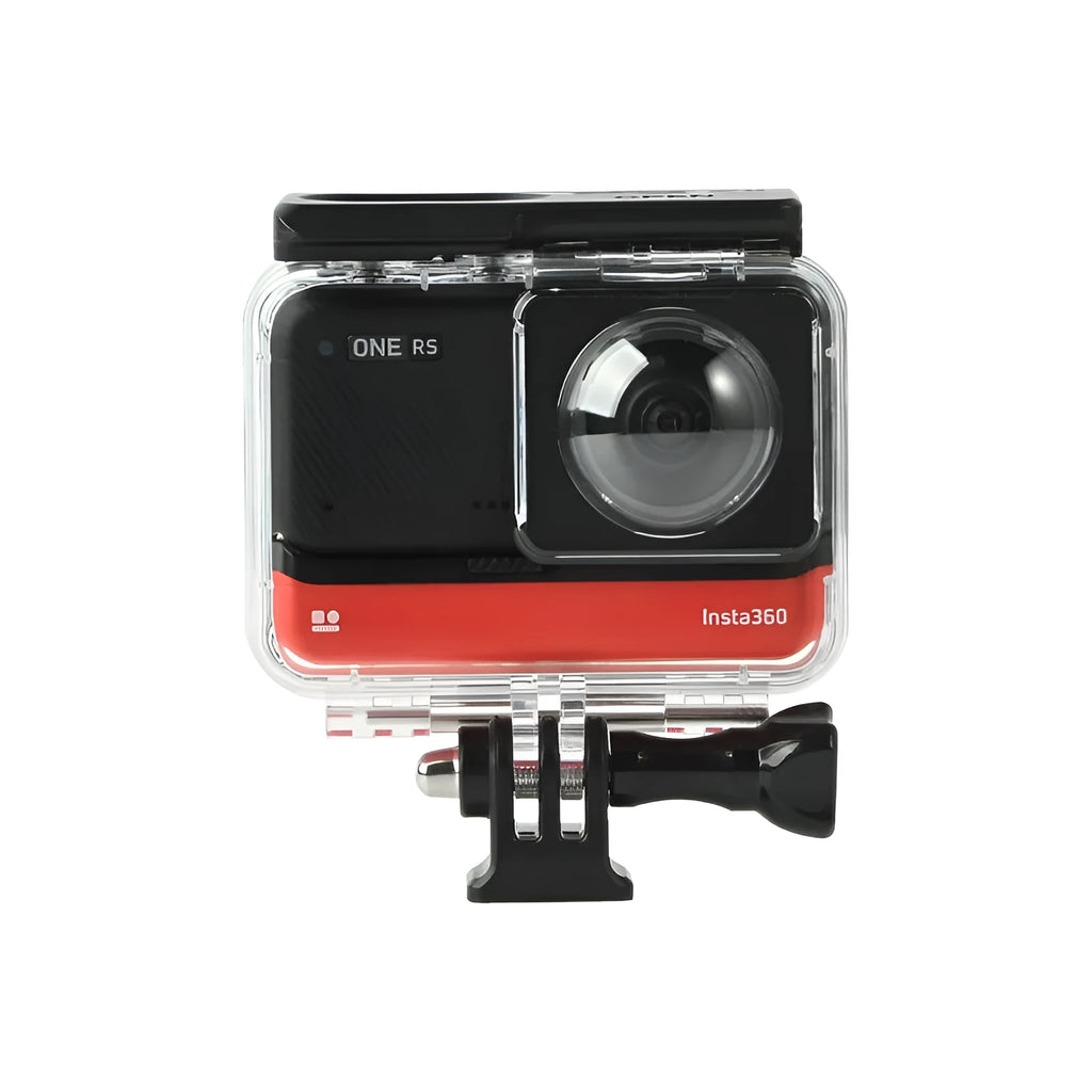 Transparent Insta360 One RS waterproof housing case for underwater camera protection.