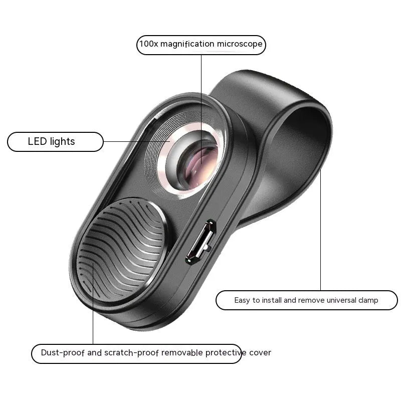 Black mobile magnification microscope with LED light clamped onto a smartphone, showing 100x magnification lens detail