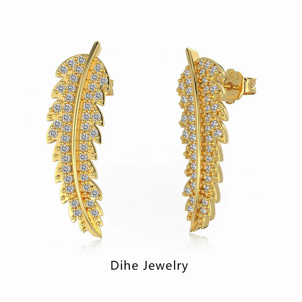 Leaf-shaped zircon inlaid S925 sterling silver stud earrings for women in white gold finish
