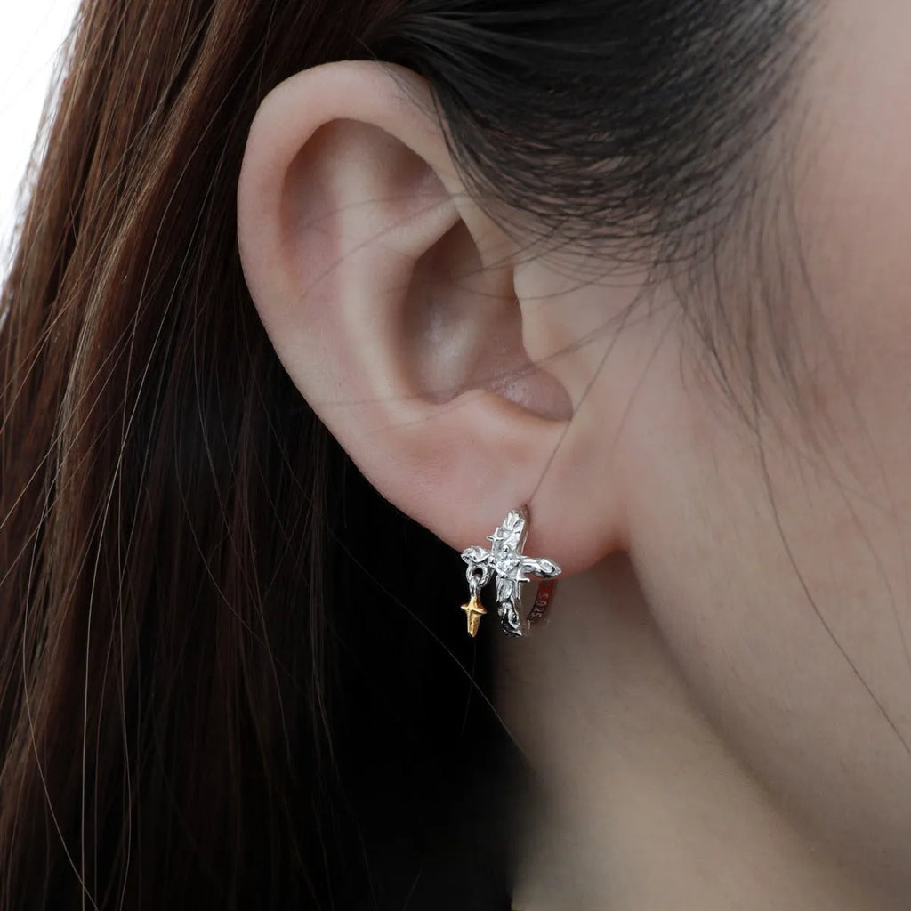 925 silver geometric cross earrings with round design elements in white gold colour
