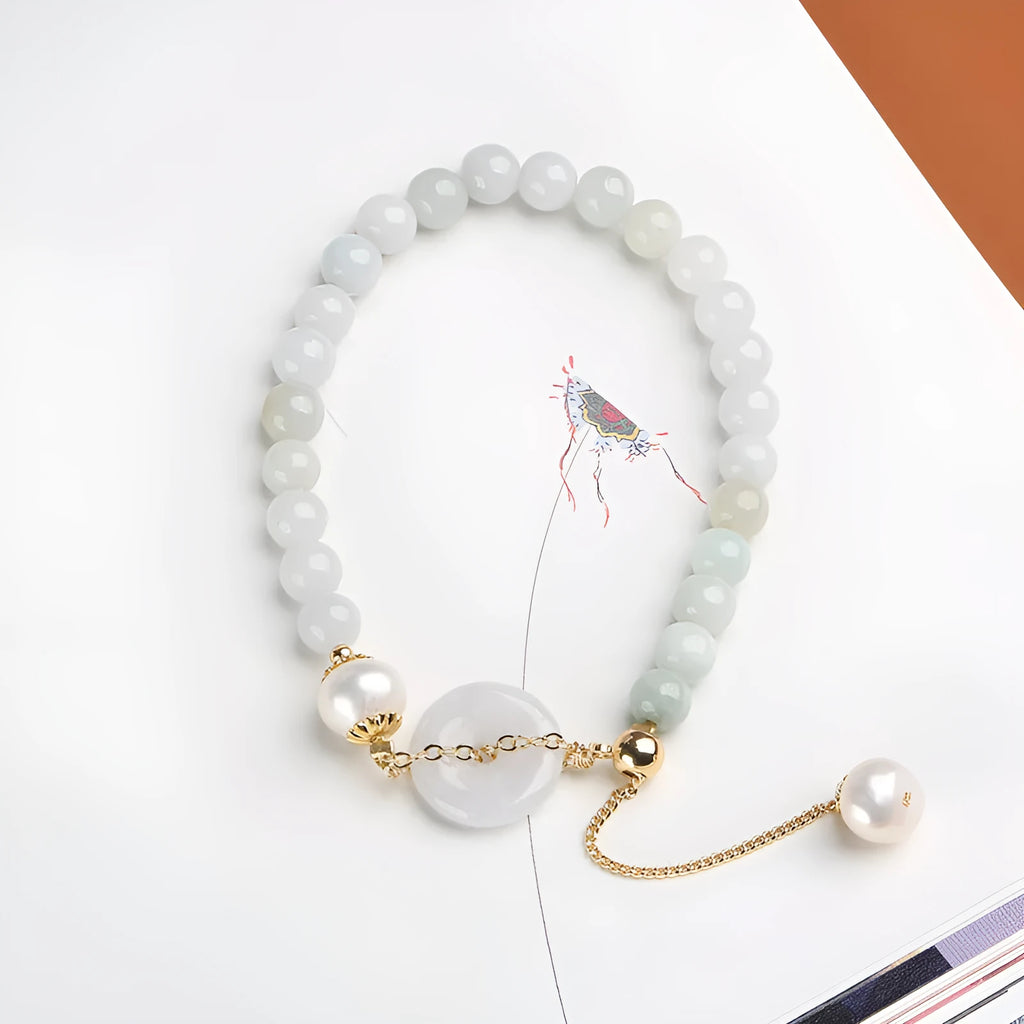 Natural emerald green jade peace buckle pearl bracelet with geometric pendant for women