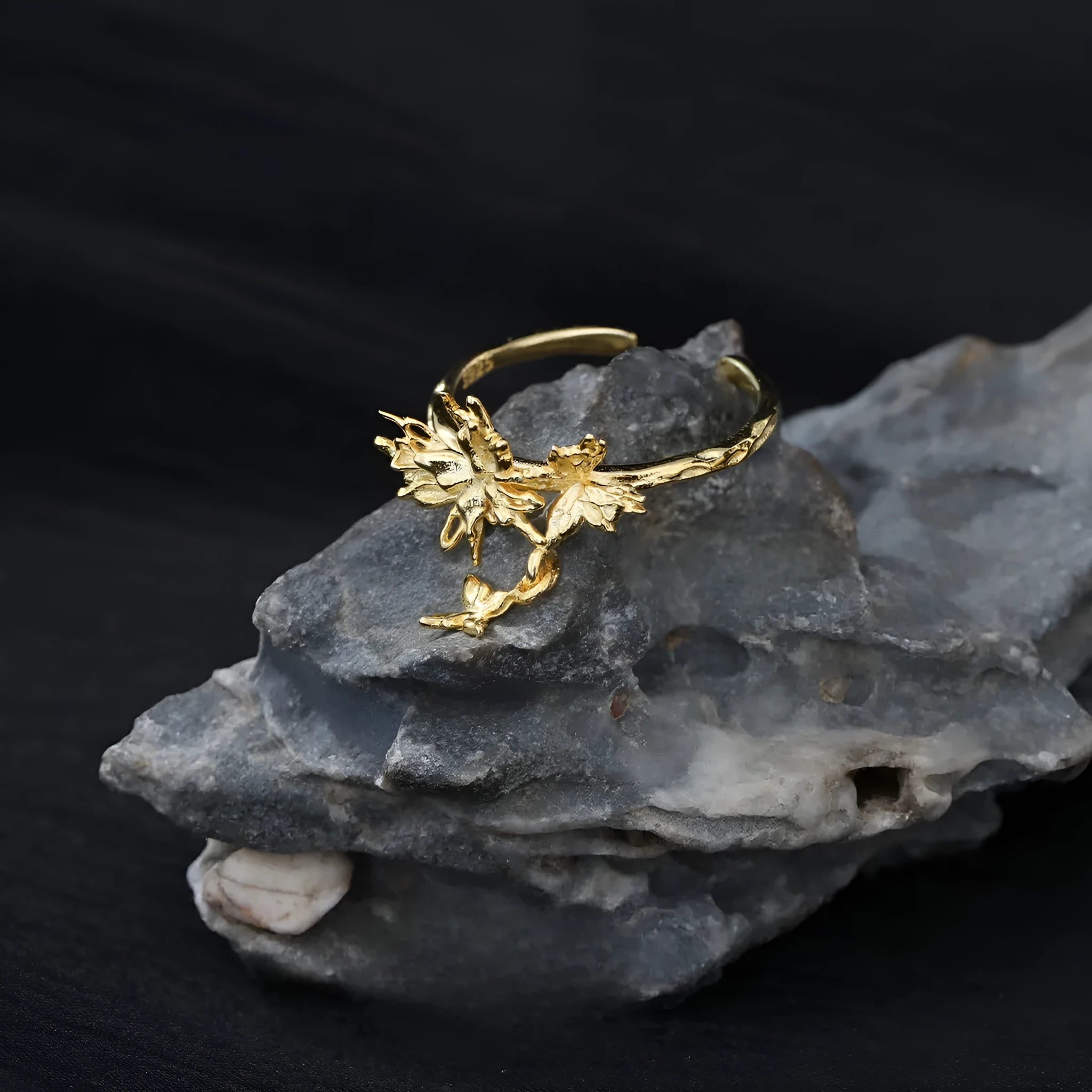 Adjustable silver butterfly ring with electroplated gold finish
