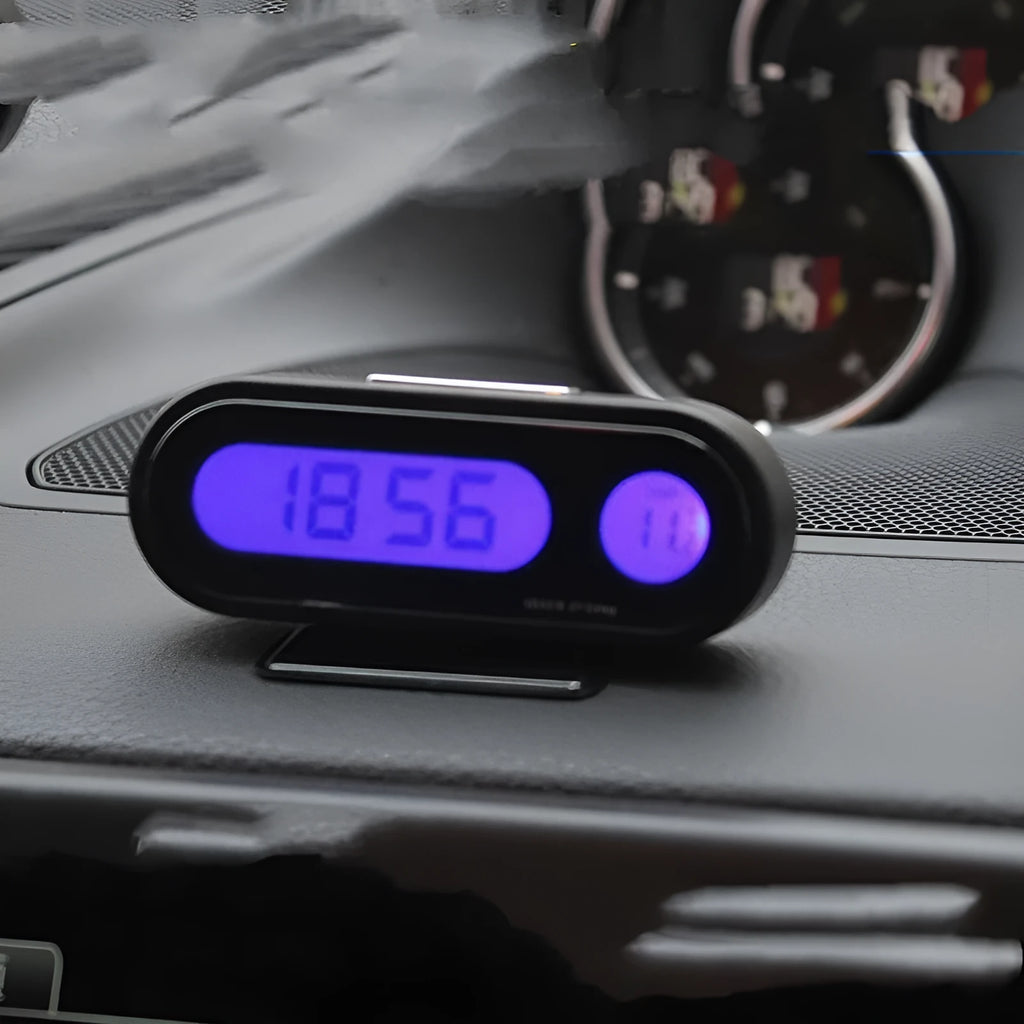 Black car digital clock and thermometer with LED display on adjustable bracket.