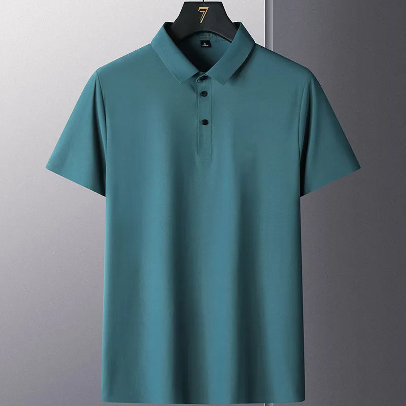 Non-ironing men's short sleeve business casual shirt in a solid colour on a hanger.