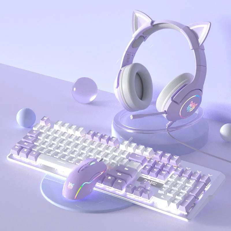 Purple and white mechanical keyboard and mouse combo with backlight illumination and headphones