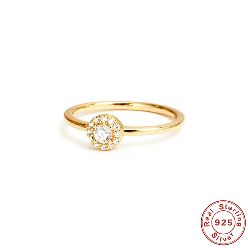 18K gold plated silver ring with round moissanite stone in geometric rounded-corner design, available in sizes No 5 to No 8