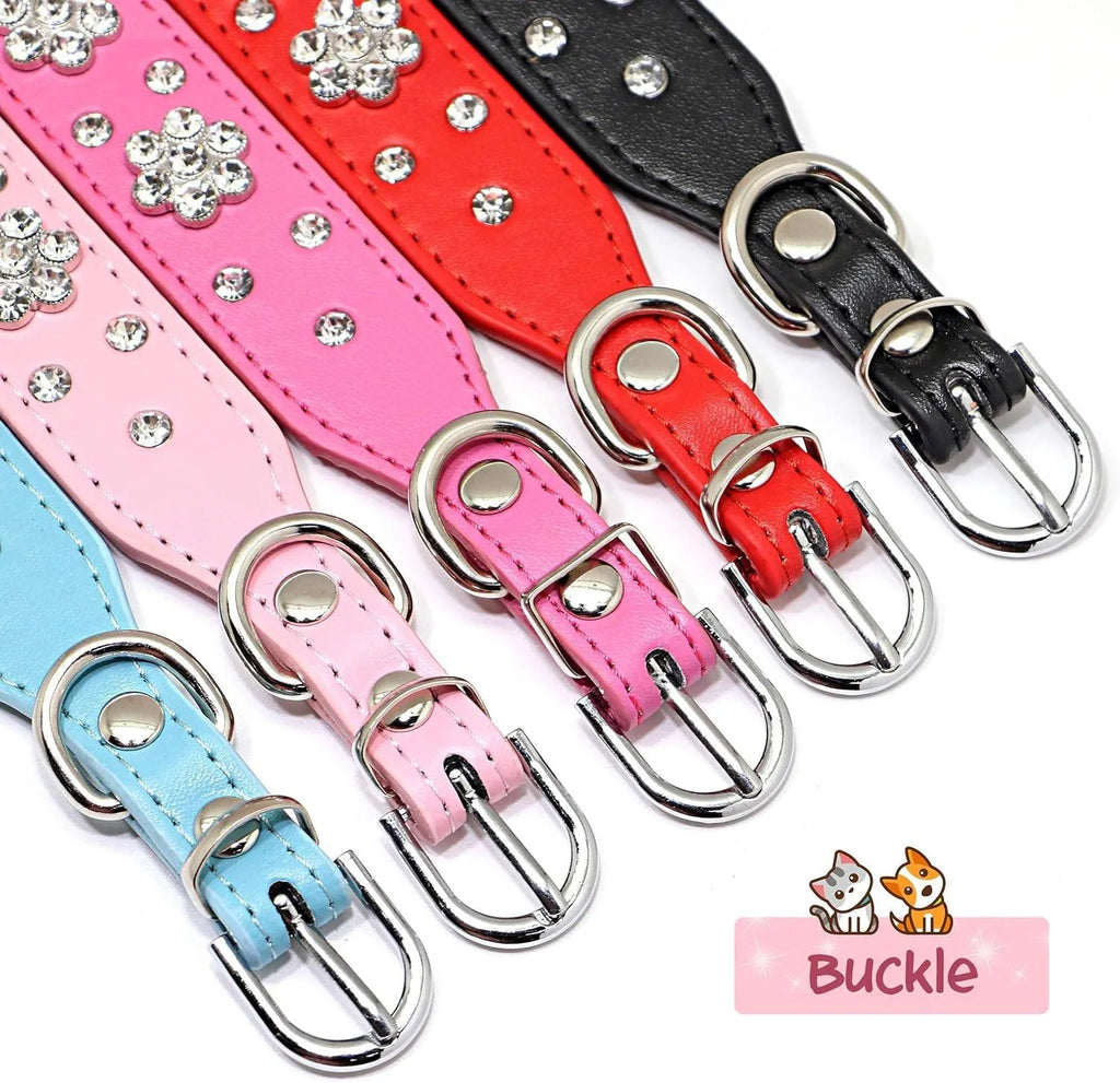 Black PU leather dog collar with sparkling rhinestone flower pattern and metal studs, showing adjustable eyelets and D-ring.
