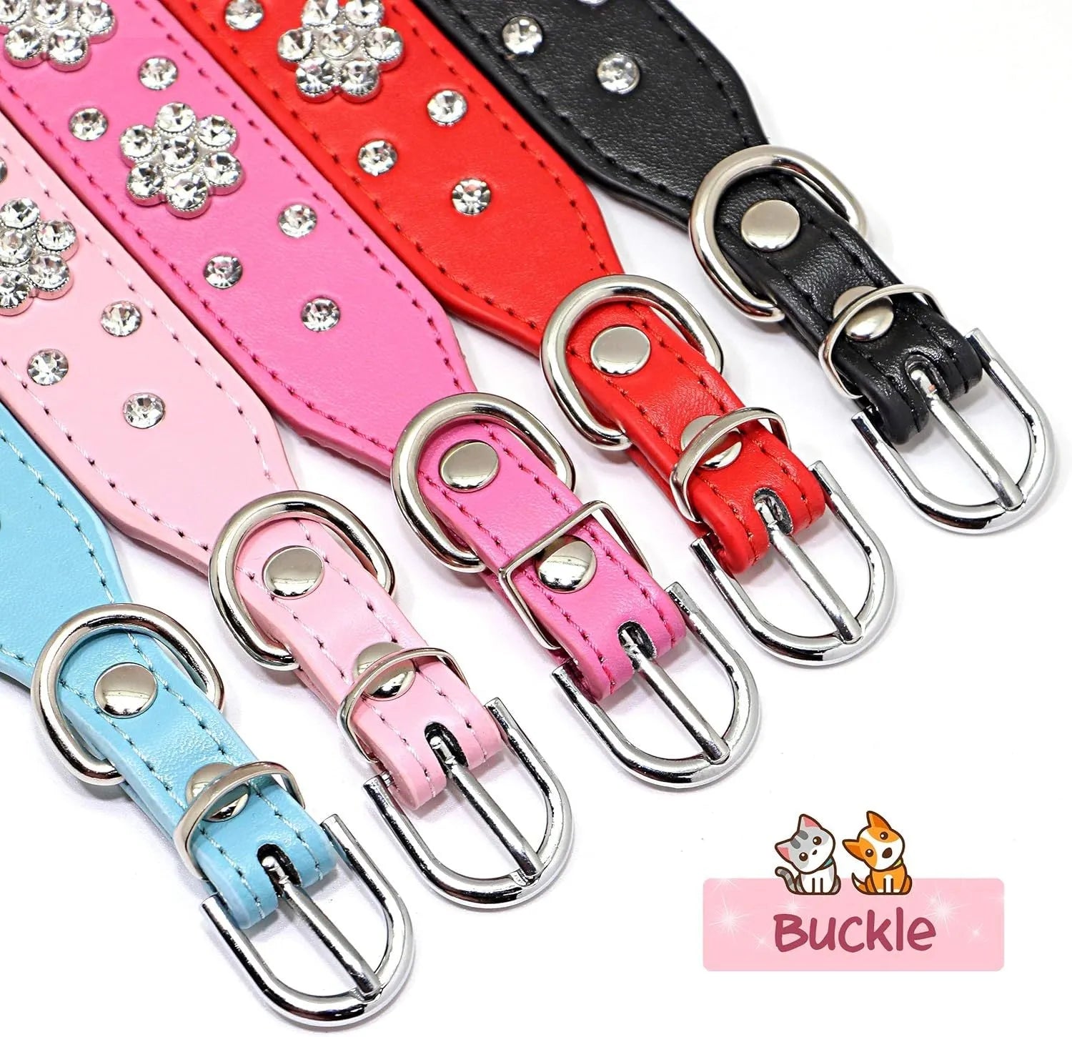 Black PU leather dog collar with sparkling rhinestone flower pattern and metal studs, showing adjustable eyelets and D-ring.