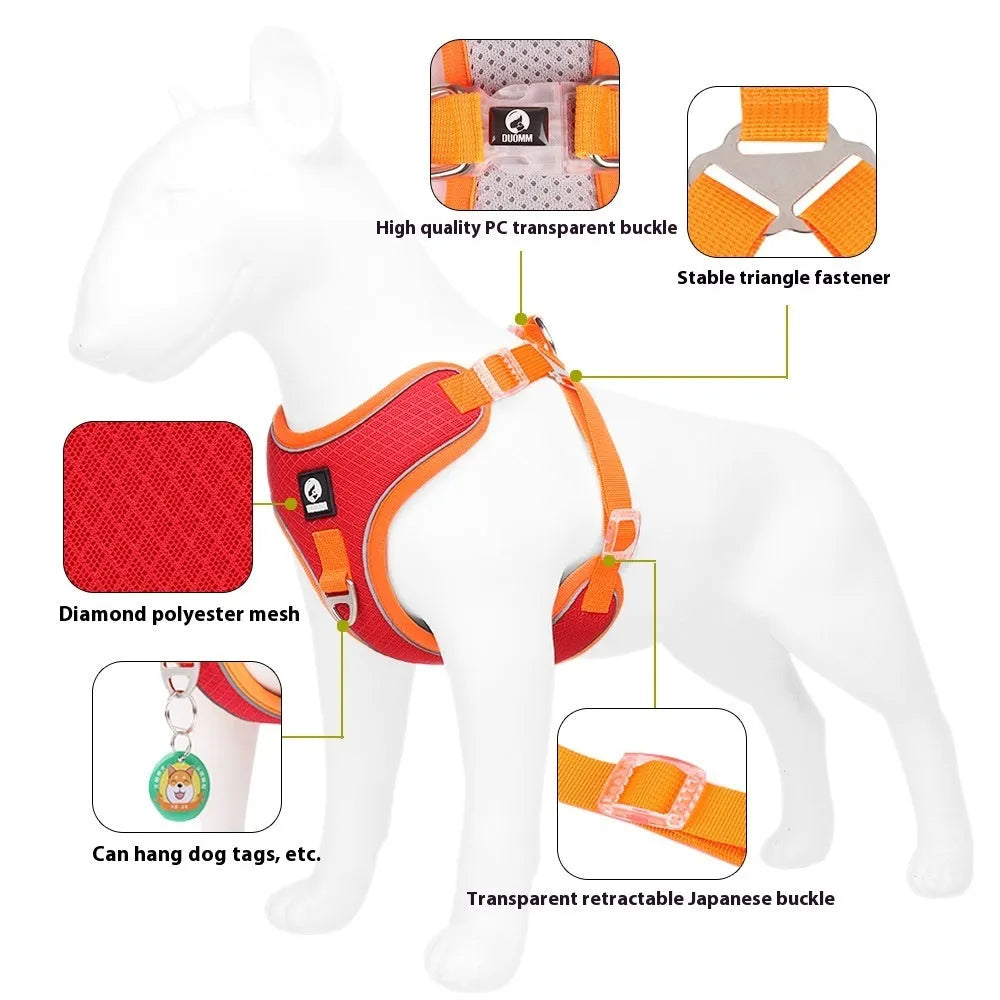 Adjustable mesh dog harness with reflective piping and leash in multiple colour options