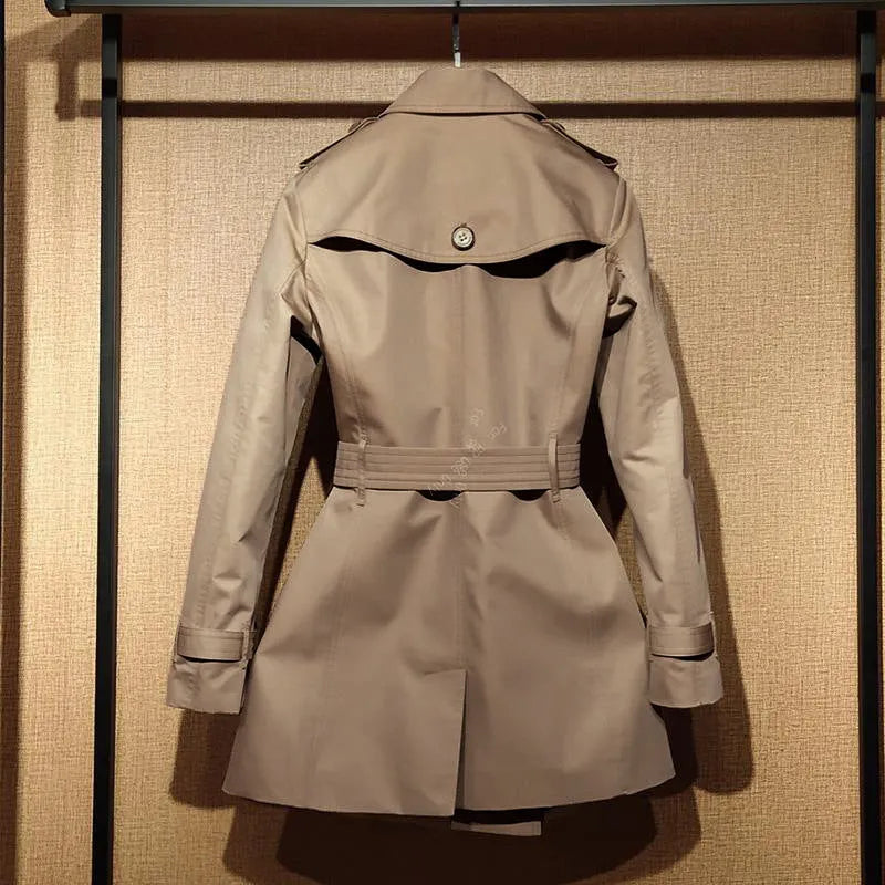 Women's khaki trench coat with double-breasted front and flight sleeves in British style