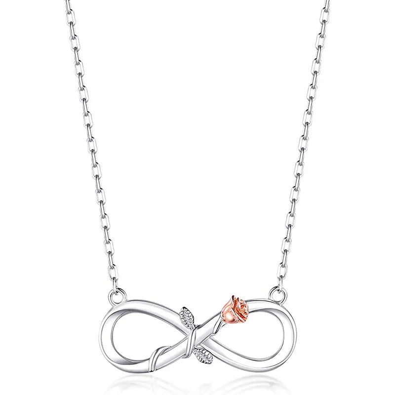 Double Fair S925 silver infinity symbol rose necklace on adjustable chain, two colour options