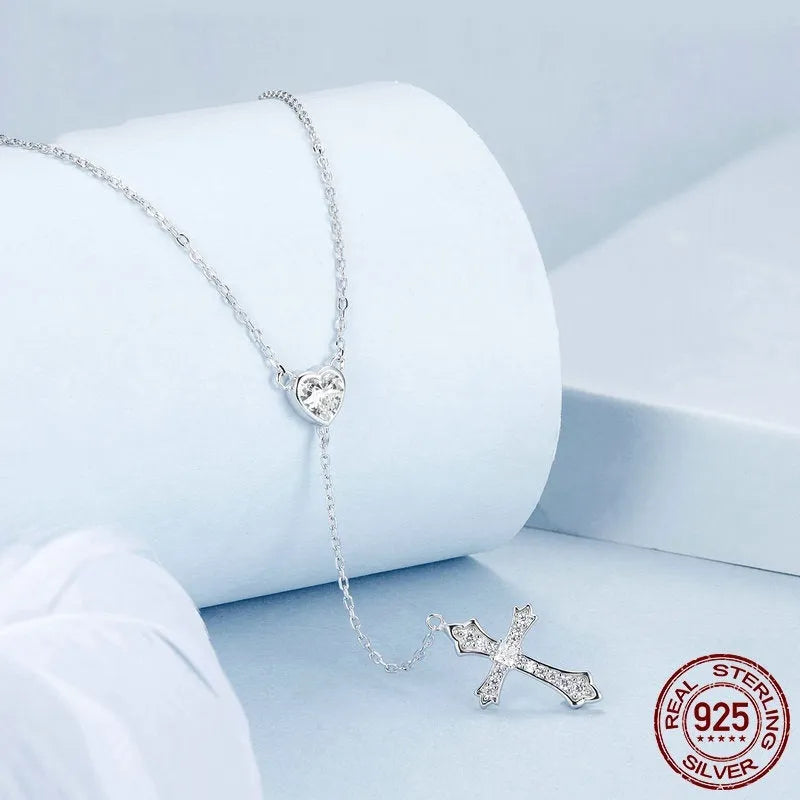 Women's 925 silver love cross pendant necklace with O-ring chain in BSN384 colour