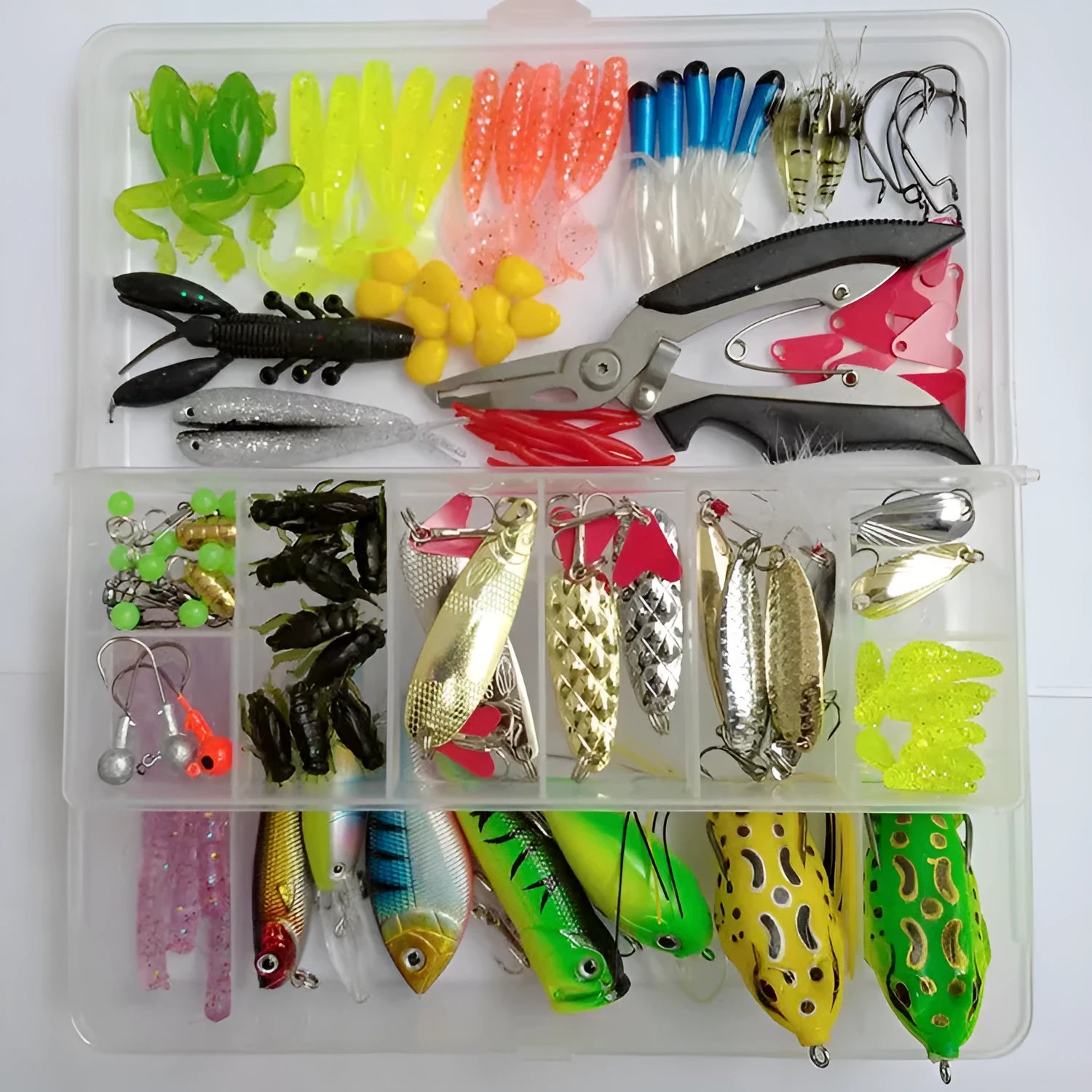 142-piece fishing lure set with metal pliers showing lures, sequins, and fishhooks