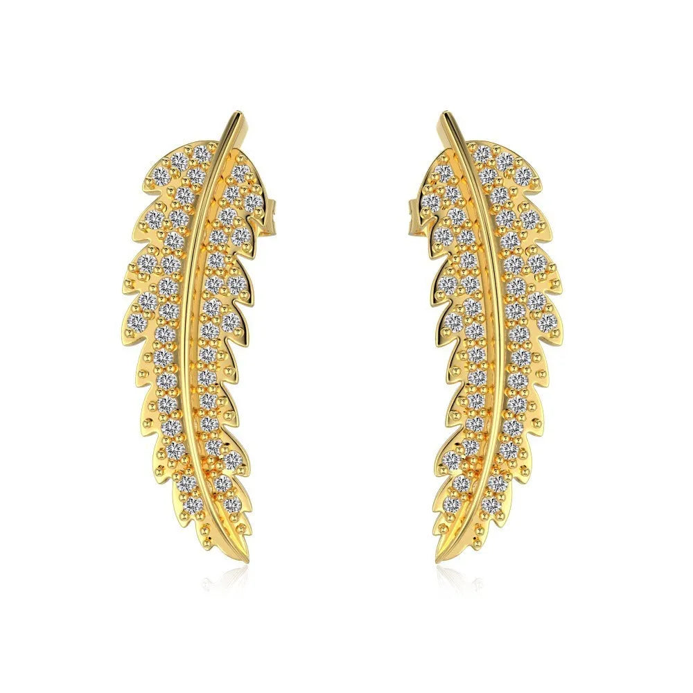 Leaf-shaped zircon inlaid S925 sterling silver stud earrings for women in white gold finish
