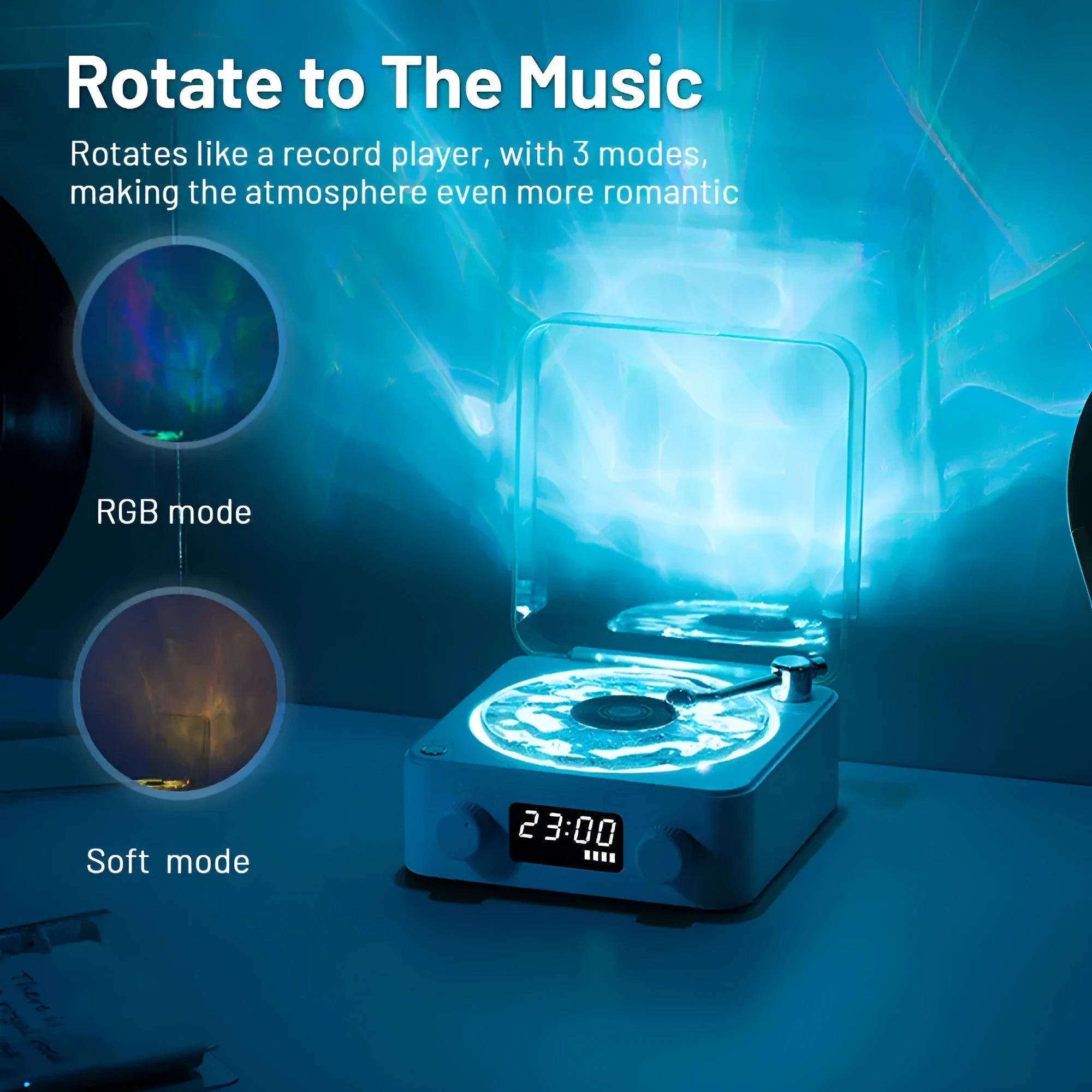 Blue retro turntable Bluetooth speaker with rotating disc and RGB light projection